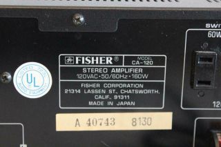 Vintage Fisher Studio Standard Integrated Stereo Amplifier Amp Receiver CA - 120 8