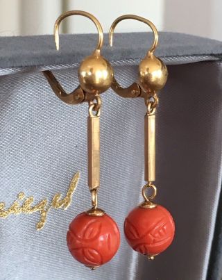 Gorgeous Vintage Italian 18k Yellow Gold Natural Carved Coral Drop Earrings