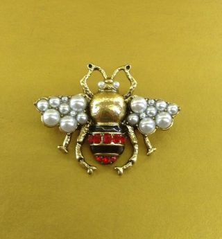 Gucci Antique Gold Bee Brooch Pin With White Pearls And Crystals
