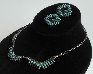 Vintage 3 Pendant Necklace & Clip Earrings Sterling Petit Point Turquoise Set