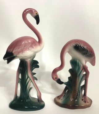 2 Mid Century Porcelain Pink Flamingo Ceramic Vintage Figurine Large Pair 10”