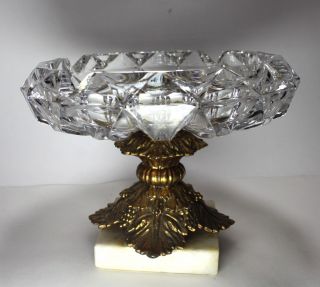 Vintage Cut Crystal Glass Brass Stand Ashtray Marble Base Made In Italy