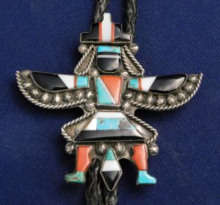 Zuni Sterling Multi Stone Inlay Handmade Vintage Knifewing Bolo Tie Estate 2