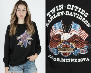 Vtg 80s 3d Emblem Harley Davidson Motorcycle Biker Dealer T Shirt Sweatshirt L