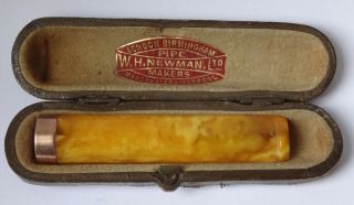 Amber & 9ct Gold Vintage Pipe Stem With Newman Pipe Maker Birmingham Case