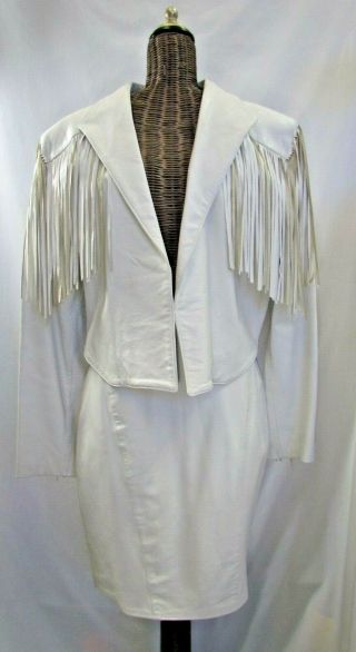 Vintage 2 Pc.  Alamo Leather Wear Ivory Fringe Jacket (l) & Skirt (28) (m1)