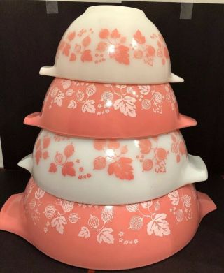Four Pyrex Pink Gooseberry Cinderella Vtg Mixing Bowls Vintage Set 441 - 444