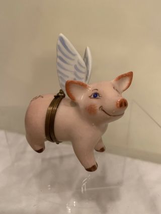 Rare Vintage Limoge France Peint Main Signedgv Trinket Box Flying Pig Or Piggy