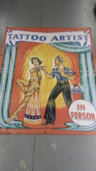 Vintage Freakshow Sideshow Circus Fair Carnival Tattoo Artist Banner