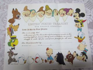 Vintage Walt Disney Wwii Us Treasury War Bond Very Rare Unsigned 1945