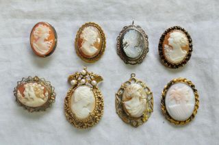 8 Vtg & Antique Cameo Brooches Pendants & Clips Sterling Gold Filled