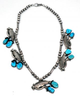 Vintage Navajo Bluegem Turquoise Squash Blossom Necklace Sterling Silver Platero