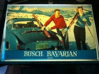 Vintage Busch Bavarian Beer Lighted Light Sign Skiing Karmann Ghia Budweiser Car