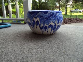 Vintage Ozark Roadside Tourist Pottery Bowl Pot Swirl Dip Blue And White Ec