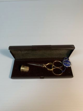 Vintage Solingen Embrodery Scissors & Thimble Set Gold Plated Nos W.  Germany