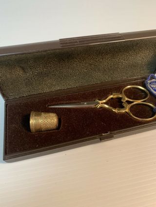 Vintage SOLINGEN embrodery Scissors & Thimble Set Gold Plated NOS W.  Germany 2
