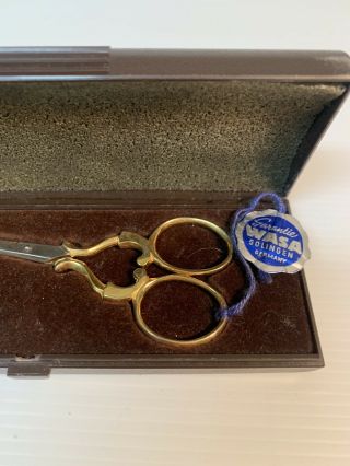 Vintage SOLINGEN embrodery Scissors & Thimble Set Gold Plated NOS W.  Germany 3