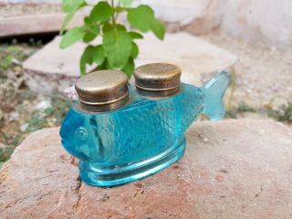 Antique Old Rare Blue Fish Design Double Glass Inkwell