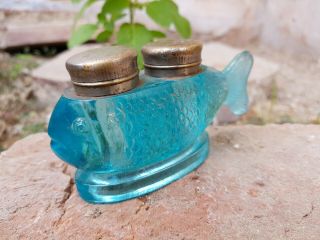 Antique Old Rare Blue Fish Design Double Glass Inkwell 2