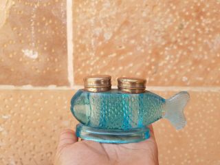 Antique Old Rare Blue Fish Design Double Glass Inkwell 3