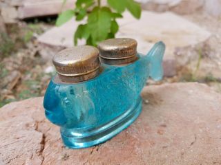 Antique Old Rare Blue Fish Design Double Glass Inkwell 5