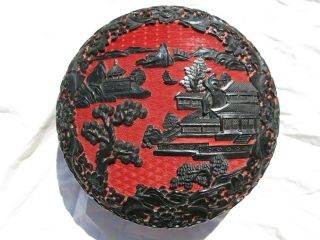Vintage Chinese Cinnabar Box Red / Black River Scape 3x8in Laquer On Metal 5943