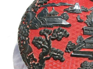 Vintage Chinese cinnabar box red / black river scape 3x8in laquer on metal 5943 3