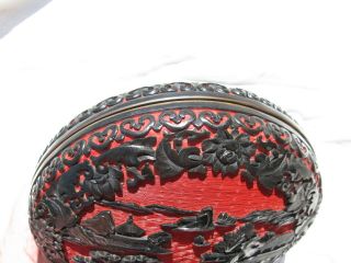 Vintage Chinese cinnabar box red / black river scape 3x8in laquer on metal 5943 4