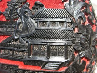 Vintage Chinese cinnabar box red / black river scape 3x8in laquer on metal 5943 6