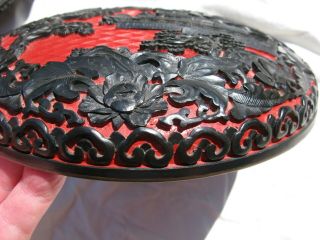 Vintage Chinese cinnabar box red / black river scape 3x8in laquer on metal 5943 8