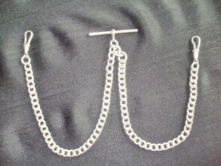 Sterling Silver Watch Chain With T - Bar And Two Clasps,  Double Albert