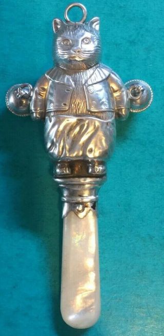 Solid Silver Cat Shape Baby Rattle And Teether With Bells.  B’ham 1965.  A 695.