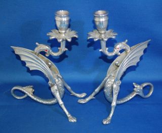 An Unusual Vintage Gothic Silver Plated Dragon Chamber Candlesticks