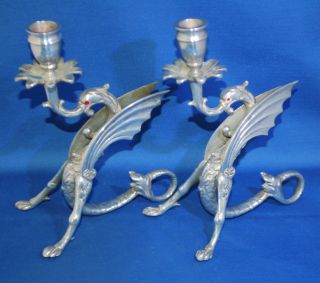 An unusual vintage gothic silver plated dragon chamber candlesticks 2