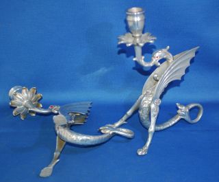 An unusual vintage gothic silver plated dragon chamber candlesticks 3