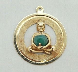Vintage 14k Yellow Gold Round Buddha Large Jade Green Charm Pendant