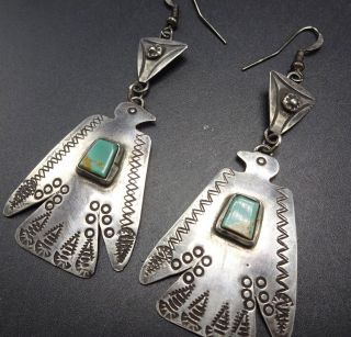 Vintage Navajo Hand Stamped Sterling Silver & Turquoise Earrings Thunderbirds