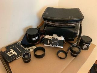 Canon Ex Auto Ql 35mm Slr Film Camera W/ 3 Lenses And Leather Vintage Bag