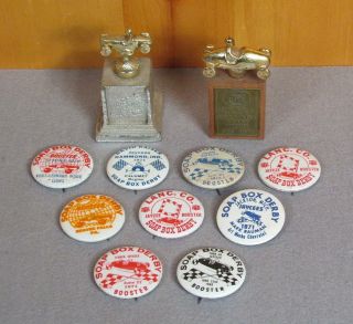 Vintage Soap Box Derby Group Of Collectible Race Pins & Trophy Awards 1960s - 70s