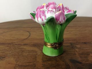 Vtg Peint Main Limoges France Pink Tulip Flower Bouquet Trinket Box Signed S - 3