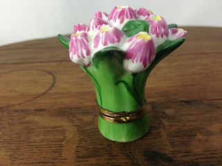 Vtg Peint Main LIMOGES France Pink Tulip Flower Bouquet Trinket Box Signed S - 3 2