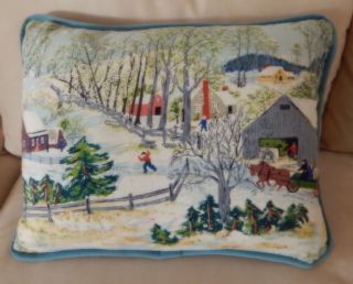 Grandma Moses Barkcloth Pillow Cover " Early Springtime On The Farm " Vintage Vat