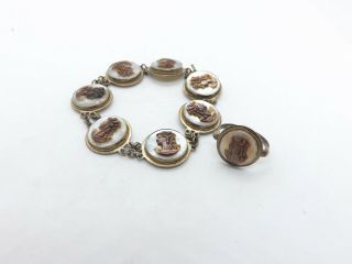 Vintage 800 Silver Mother Of Pearl Cameo Link Bracelet & Ring Set,  18.  0 Grams