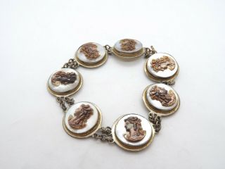 Vintage 800 Silver Mother of Pearl Cameo Link Bracelet & Ring Set,  18.  0 grams 2