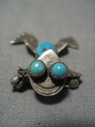 Detailed Vintage Navajo Toad Turquoise Sterling Silver Pin Pendant Old