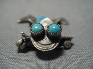 DETAILED VINTAGE NAVAJO TOAD TURQUOISE STERLING SILVER PIN PENDANT OLD 2