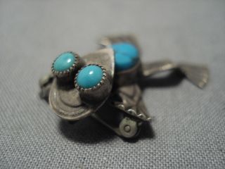 DETAILED VINTAGE NAVAJO TOAD TURQUOISE STERLING SILVER PIN PENDANT OLD 4