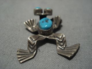 DETAILED VINTAGE NAVAJO TOAD TURQUOISE STERLING SILVER PIN PENDANT OLD 5