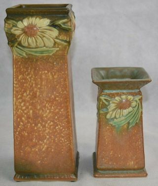 Vintage Roseville Pottery Dahlrose Square Arts and Crafts Ceramic Vases 2