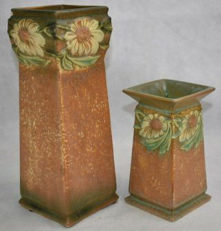 Vintage Roseville Pottery Dahlrose Square Arts and Crafts Ceramic Vases 4